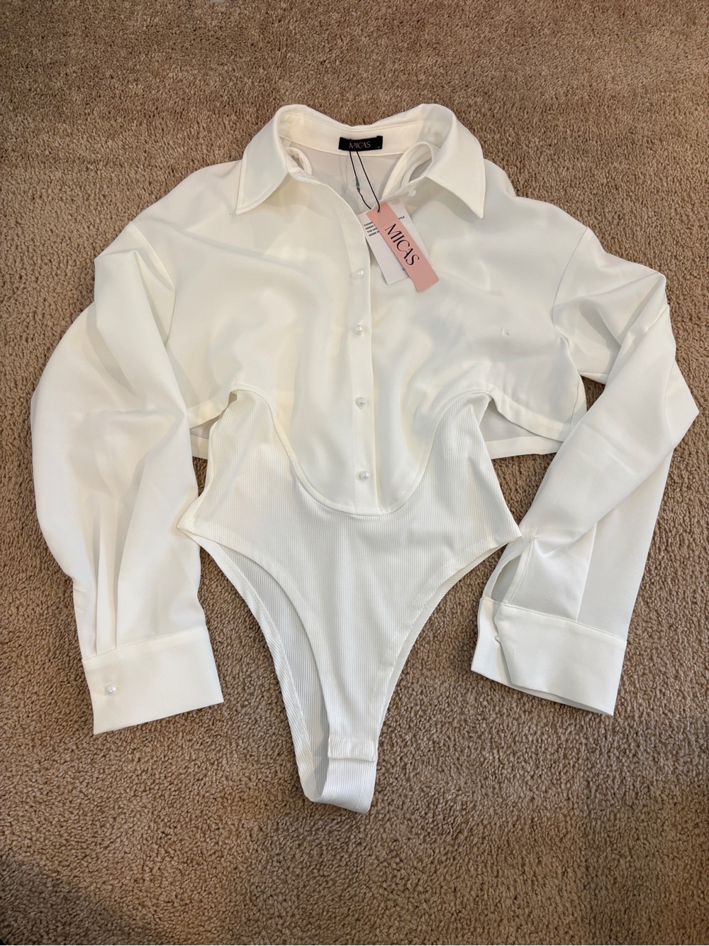 NWT White Pearl Button-Front Long Sleeve Bodysuit